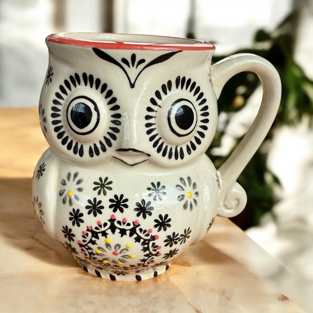 NATURE’S HOME CERAMIC OWL MUG – HAND-PAINTED FOLK FLORAL DESIGN